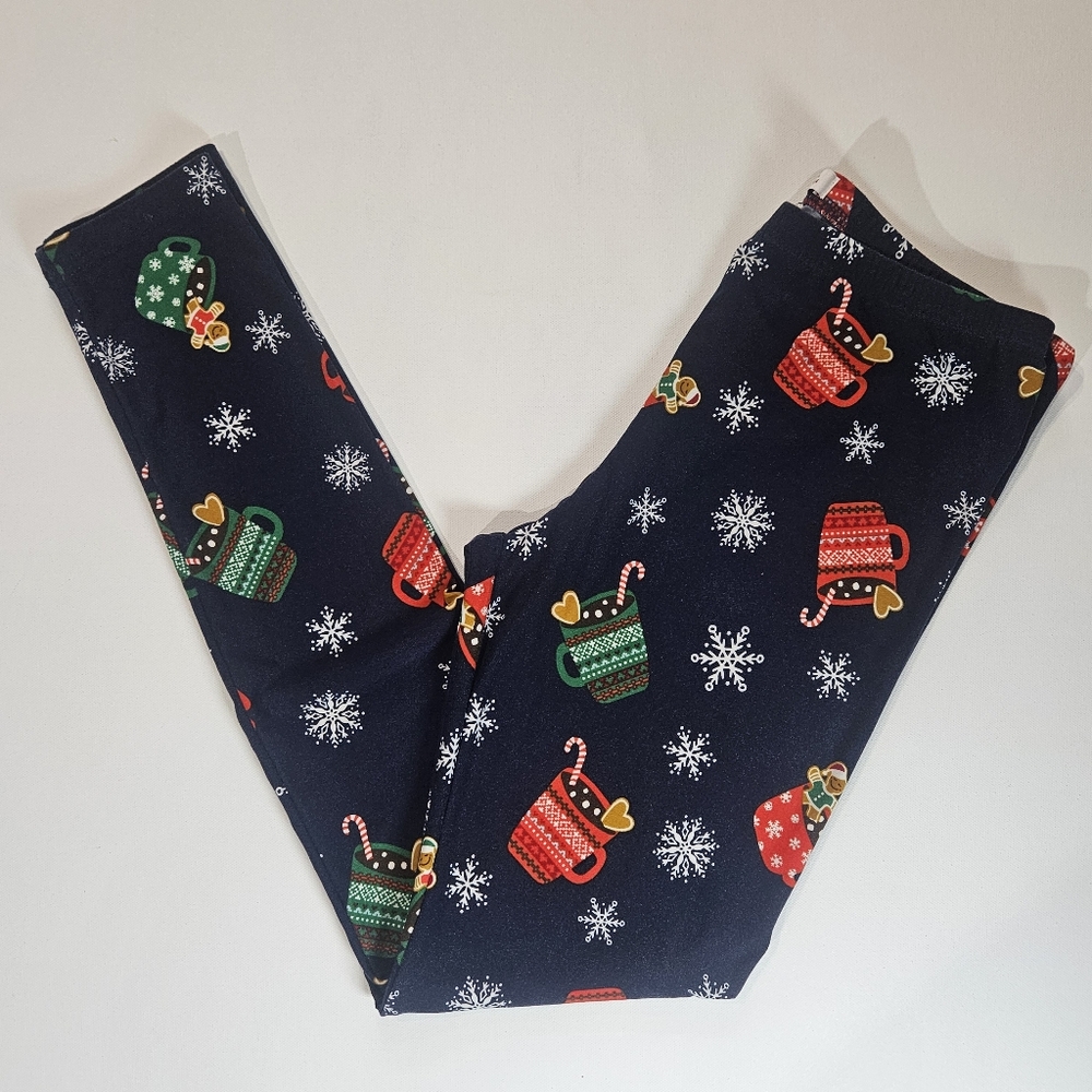 SO Christmas Leggings Womens Medium‎ Navy Blue Gingerbread Man Snowflake Print